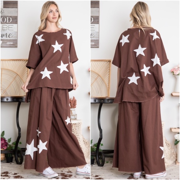 Bluevelvet Brown Cotton Star Print Raw hem Short Sleeve Top Wide Leg Pants Set - Picture 2 of 2